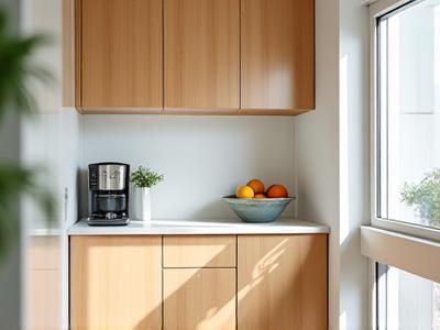 Minimalistisk kjøkkenkrok i skandinavisk stil med lyse treverk